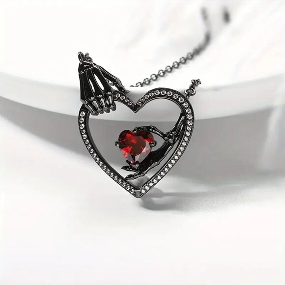 Jewelry - NEW Gothic Skeleton Hand Red Crystal Heart Pendant Necklace Black Gothic Jewelry